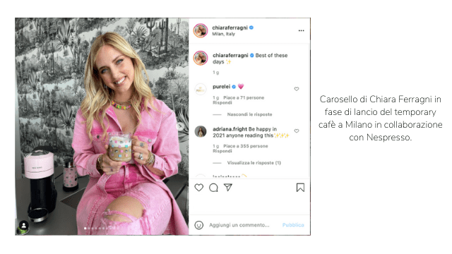 Chiara Ferragni per il lancio della partnership con Nespresso, carosello Instagram